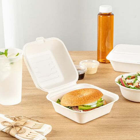 Restaurantware Pulp Safe No PFAS Added 20 Ounce Clamshell Boxes 100 Disposable Containers - Home Compostable Microwavable And Freezable White Bagasse Containers Built-In Hinged Lid in Kuwait