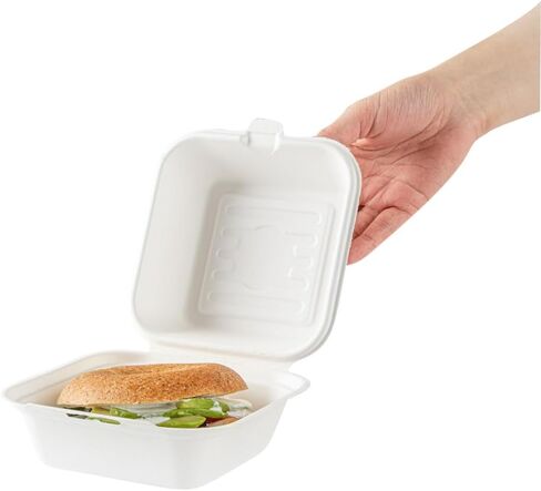 Restaurantware Pulp Safe No PFAS Added 20 Ounce Clamshell Boxes 100 Disposable Containers - Home Compostable Microwavable And Freezable White Bagasse Containers Built-In Hinged Lid in Kuwait
