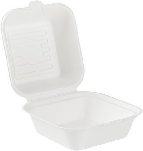 Restaurantware Pulp Safe No PFAS Added 20 Ounce Clamshell Boxes 100 Disposable Containers - Home Compostable Microwavable And Freezable White Bagasse Containers Built-In Hinged Lid in Kuwait