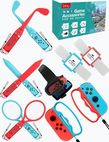 18-IN-1 Sports Accessories Bundle, Compatible with Nintendo Switch Joy-Con Controller, Made for Golf, Soccer, Volleyball, Bowling, Tennis, Badminton, Swordplay, Play with Friends and Family Together in Kuwait