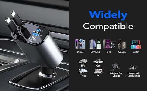 [Upgraded] 4 in 1 Retractable Car Charger, 120W, Double TypeC Cables (2.6ft), Fast Charger Compatible with Apple iPhone(11/12/13/14/15), iPad, Samsung Galaxy S22/S23 (Type C + Type C) in Saudi Arabia