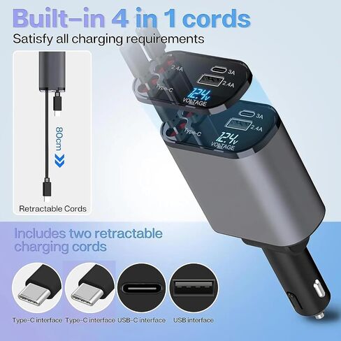 [Upgraded] 4 in 1 Retractable Car Charger, 120W, Double TypeC Cables (2.6ft), Fast Charger Compatible with Apple iPhone(11/12/13/14/15), iPad, Samsung Galaxy S22/S23 (Type C + Type C) in Saudi Arabia