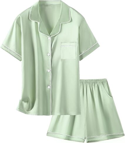 Schbbbta Pajama Set for Kid Girl Silk Satin Button-up Pajama Sleepwear Nightwear Loungewear Clothes Set, Green, 9-10 Years = Tag 150 in Saudi Arabia
