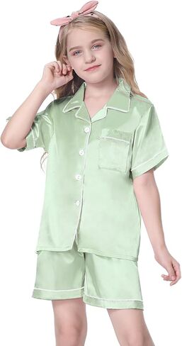 Schbbbta Pajama Set for Kid Girl Silk Satin Button-up Pajama Sleepwear Nightwear Loungewear Clothes Set, Green, 9-10 Years = Tag 150 in Saudi Arabia