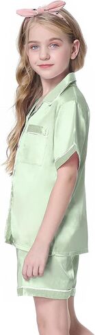 Schbbbta Pajama Set for Kid Girl Silk Satin Button-up Pajama Sleepwear Nightwear Loungewear Clothes Set, Green, 9-10 Years = Tag 150 in Saudi Arabia