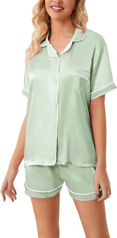 Schbbbta Pajama Set for Kid Girl Silk Satin Button-up Pajama Sleepwear Nightwear Loungewear Clothes Set, Green, 9-10 Years = Tag 150 in Saudi Arabia