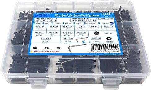 Iexcell 1500 قطعة M3 x 6/8/10/12/14/16/20/25/30/35/40/45/50 سبيكة فولاذية 10.9 درجة مقبس سداسي الشكل وزر غطاء رأس ومسامير وصواميل وغسالات متنوعة، لمسة نهائية من أكسيد الأسود in Saudi Arabia