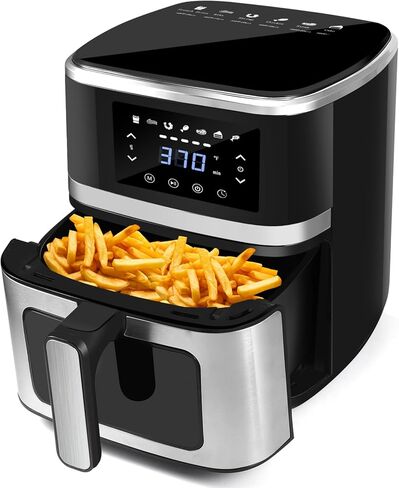 مقلاة هوائية LKJ، مقلاة هوائية سعة 5.3 كيو تي مع نافذة عرض، 7 فرن مقلاة هوائية كبير مُعد مسبقًا مع شاشة لمس رقمية ذكية، سلة غير لاصقة وآمنة للغسل في غسالة الأطباق، ملقط مطبخ، رف مع أسياخ in Kuwait