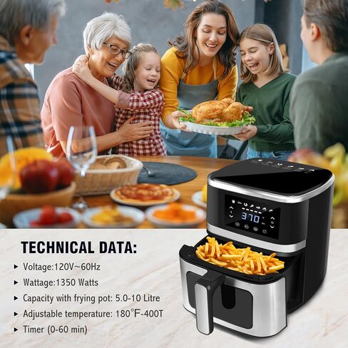 مقلاة هوائية LKJ، مقلاة هوائية سعة 5.3 كيو تي مع نافذة عرض، 7 فرن مقلاة هوائية كبير مُعد مسبقًا مع شاشة لمس رقمية ذكية، سلة غير لاصقة وآمنة للغسل في غسالة الأطباق، ملقط مطبخ، رف مع أسياخ in Kuwait