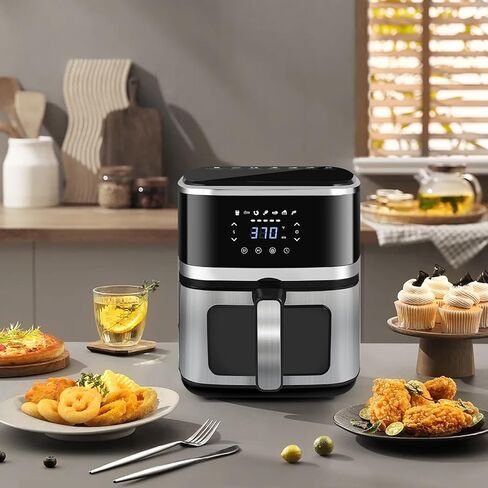 مقلاة هوائية LKJ، مقلاة هوائية سعة 5.3 كيو تي مع نافذة عرض، 7 فرن مقلاة هوائية كبير مُعد مسبقًا مع شاشة لمس رقمية ذكية، سلة غير لاصقة وآمنة للغسل في غسالة الأطباق، ملقط مطبخ، رف مع أسياخ in Kuwait