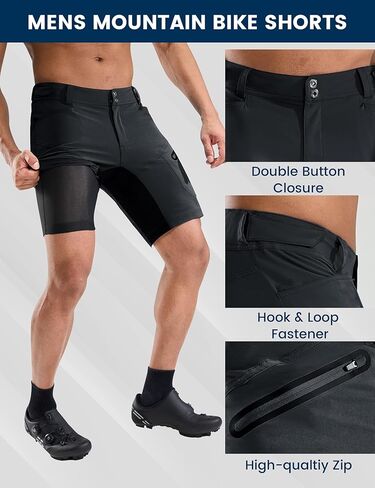 شورت رجالي لركوب الدراجات الجبلية مع بطانة ثلاثية الأبعاد MTB لركوب الدراجات وركوب الدراجات، بطانة مبطنة فضفاضة سريعة الجفاف وخفيفة الوزن، جيوب بسحاب، أسود، M in Kuwait