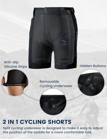شورت رجالي لركوب الدراجات الجبلية مع بطانة ثلاثية الأبعاد MTB لركوب الدراجات وركوب الدراجات، بطانة مبطنة فضفاضة سريعة الجفاف وخفيفة الوزن، جيوب بسحاب، أسود، M in Kuwait