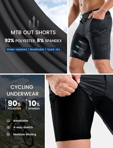شورت رجالي لركوب الدراجات الجبلية مع بطانة ثلاثية الأبعاد MTB لركوب الدراجات وركوب الدراجات، بطانة مبطنة فضفاضة سريعة الجفاف وخفيفة الوزن، جيوب بسحاب، أسود، M in Kuwait