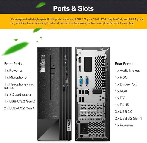 كمبيوتر مكتبي لينوفو ثينك سنتر نيو بيزنس، انتل كور i5-12400 (6 كور)، ذاكرة وصول عشوائي 64 جيجابايت، 1 تيرابايت PCIe SSD، فتحة DVD، قارئ بطاقة وسائط SD، منفذ إيثرنت، منفذ عرض، واي فاي وبلوتوث، ويندوز 11 برو in Saudi Arabia