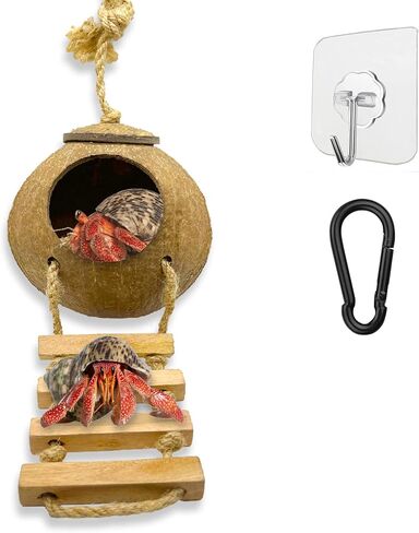 Leopard & Crested Gecko Coconut Cave Reptile Hide with Ladder, Snake Natural Coco Shell Hut Hideout, Terrarium Tank Decor Accessories, Hamster Climbing Toy, with Sticky Wall & Carabiner Hook in Saudi Arabia