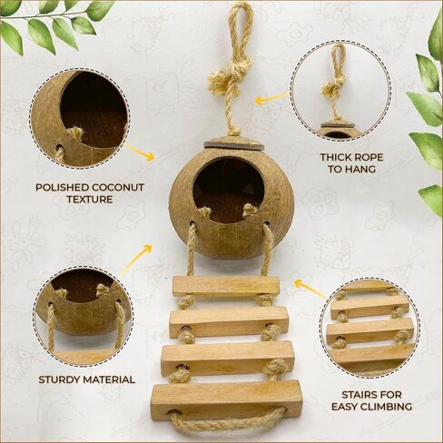 Leopard & Crested Gecko Coconut Cave Reptile Hide with Ladder, Snake Natural Coco Shell Hut Hideout, Terrarium Tank Decor Accessories, Hamster Climbing Toy, with Sticky Wall & Carabiner Hook in Saudi Arabia