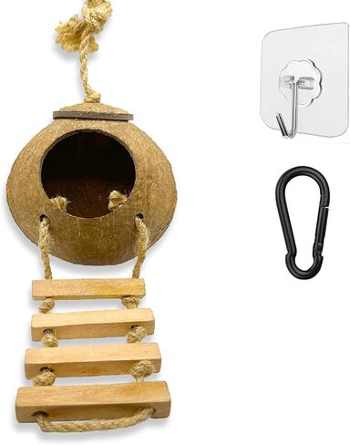 Leopard & Crested Gecko Coconut Cave Reptile Hide with Ladder, Snake Natural Coco Shell Hut Hideout, Terrarium Tank Decor Accessories, Hamster Climbing Toy, with Sticky Wall & Carabiner Hook in Saudi Arabia