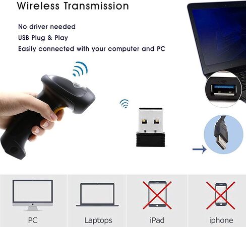 TEEMI Wireless Barcode Scanner Handheld Automatic 1D Laser Rechargeable Bar Code Reader USB Plug and Play with 2.4G Receiver for Windows PC Mac OS Linux (No stand) in Saudi Arabia