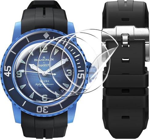 BONACE Strap for Blancpain Swatch,Curved Soft Rubber Waterproof Replacement Strap for Swatch Blancpain Fifty Fathoms with 5 Pack Screen Protector in Saudi Arabia