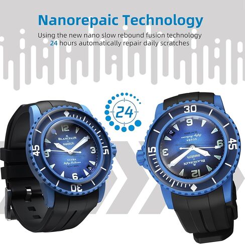 BONACE Strap for Blancpain Swatch,Curved Soft Rubber Waterproof Replacement Strap for Swatch Blancpain Fifty Fathoms with 5 Pack Screen Protector in Saudi Arabia
