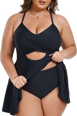 ملابس سباحة نسائية من AOVDE مقاس كبير مكونة من قطعتين للنساء بدلات استحمام تانكيني فستان سباحة واسع مع شورت in Kuwait