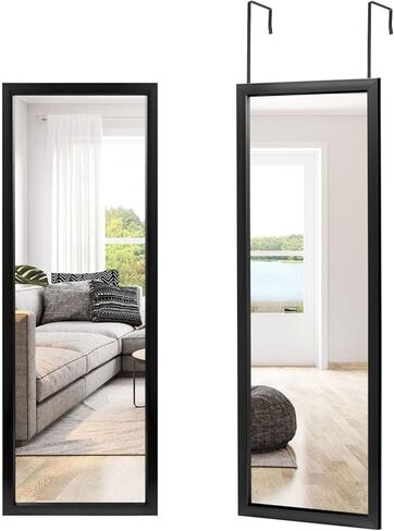NeuType Over The Door Mirror Full Length Mirror Hanging Over Door or Leaning Against Wall or Mounted On Wall, Door Mirror Full Length Mirror Over The Door, 44"x16", Black, No Stand in Kuwait