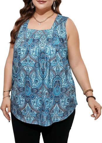 Women Plus Size Tank Tops Loose Fit Pleated Square Neck Sleeveless Flowy Shirts Blouses 1X-5X in Saudi Arabia