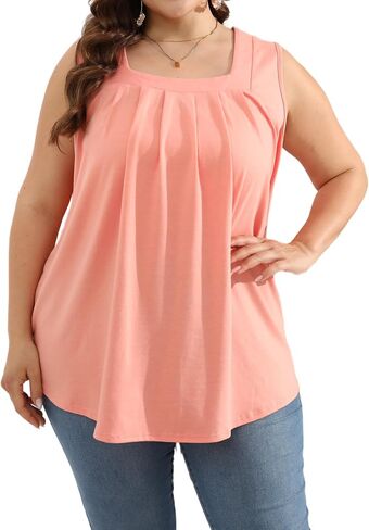 Women Plus Size Tank Tops Loose Fit Pleated Square Neck Sleeveless Flowy Shirts Blouses 1X-5X in Saudi Arabia