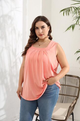 Women Plus Size Tank Tops Loose Fit Pleated Square Neck Sleeveless Flowy Shirts Blouses 1X-5X in Saudi Arabia
