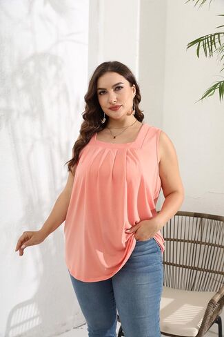 Women Plus Size Tank Tops Loose Fit Pleated Square Neck Sleeveless Flowy Shirts Blouses 1X-5X in Saudi Arabia