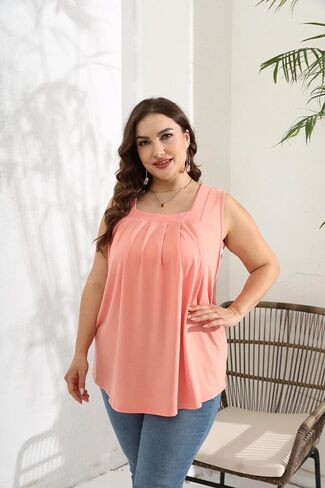 Women Plus Size Tank Tops Loose Fit Pleated Square Neck Sleeveless Flowy Shirts Blouses 1X-5X in Saudi Arabia