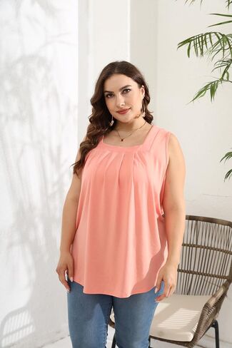 Women Plus Size Tank Tops Loose Fit Pleated Square Neck Sleeveless Flowy Shirts Blouses 1X-5X in Saudi Arabia