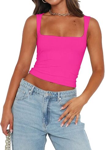 Abardsion Womens Sexy Crop Top Summer 2024 Square Neck Sleeveless Double Layer Going Out Tank Tops in Saudi Arabia