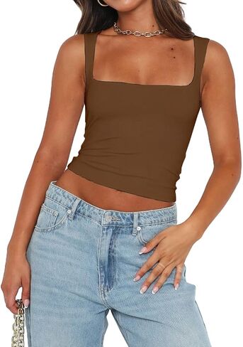 Abardsion Womens Sexy Crop Top Summer 2024 Square Neck Sleeveless Double Layer Going Out Tank Tops in Saudi Arabia