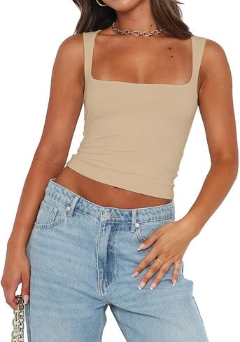 Abardsion Womens Sexy Crop Top Summer 2024 Square Neck Sleeveless Double Layer Going Out Tank Tops in Saudi Arabia
