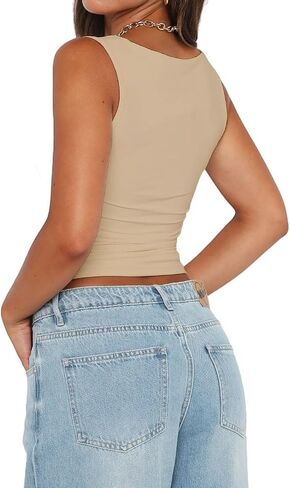 Abardsion Womens Sexy Crop Top Summer 2024 Square Neck Sleeveless Double Layer Going Out Tank Tops in Saudi Arabia