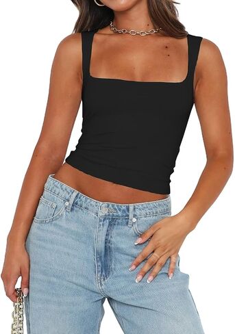 Abardsion Womens Sexy Crop Top Summer 2024 Square Neck Sleeveless Double Layer Going Out Tank Tops in Saudi Arabia