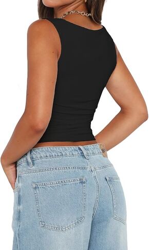 Abardsion Womens Sexy Crop Top Summer 2024 Square Neck Sleeveless Double Layer Going Out Tank Tops in Saudi Arabia