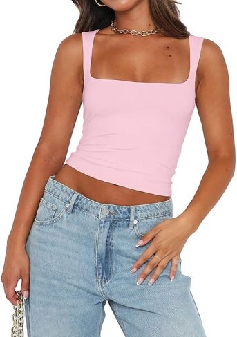 Abardsion Womens Sexy Crop Top Summer 2024 Square Neck Sleeveless Double Layer Going Out Tank Tops in Saudi Arabia