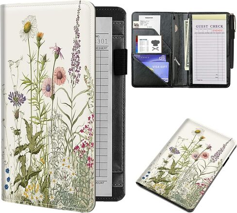 Server Books for Waitress 5 x 7.75 inch Black Server Book with Zipper Pocket and 5 Large Pockets 1 Pen Holder Cute Waitress Book Organizer Fit Server Apron - Green Leaves Floral Flower Plant in Saudi Arabia