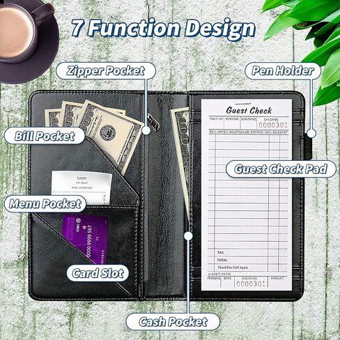 Server Books for Waitress 5 x 7.75 inch Black Server Book with Zipper Pocket and 5 Large Pockets 1 Pen Holder Cute Waitress Book Organizer Fit Server Apron - Green Leaves Floral Flower Plant in Saudi Arabia