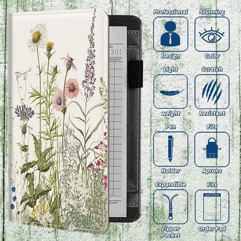 Server Books for Waitress 5 x 7.75 inch Black Server Book with Zipper Pocket and 5 Large Pockets 1 Pen Holder Cute Waitress Book Organizer Fit Server Apron - Green Leaves Floral Flower Plant in Saudi Arabia