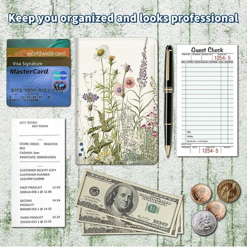 Server Books for Waitress 5 x 7.75 inch Black Server Book with Zipper Pocket and 5 Large Pockets 1 Pen Holder Cute Waitress Book Organizer Fit Server Apron - Green Leaves Floral Flower Plant in Saudi Arabia