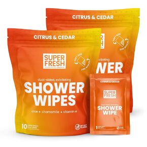 Super Fresh Shower Wipes Large Sandalwood Body Wipes for No Rinse Bathing Personal Hygiene Gym Travel or Camping Enriched with Aloe and Vitamin E 10 Individually Wrapped Disposable Sheets in Kuwait