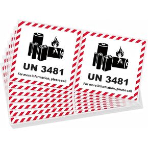HUOJI 50 قطعة من ملصقات تحذير بطارية ليثيوم أيون، 4.7 بوصة × 4.3 بوصة UN3481 ملصقات تحذير تحذير النقل، ملصقات هشة للشحن والنقل (50 ورقة | 100 ملصق) in Kuwait