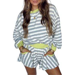SELINK Women's 2 Piece Sets Casual Striped Colorblock Crewneck Pullover Top and Short Set Athletic Travel Outfits in Kuwait