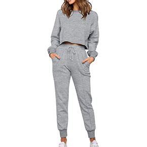 BOFETA Women's Casual 2 Piece Outfits Long Sleeve Solid Color Crop Top Pullover Sweatshirt and Jogger Pants Sweatsuit in Kuwait