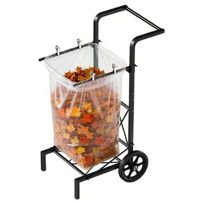 Garden Trash Bag Holder Cart with Wheels, Adjustable Metal Leaf Bag Holder from 30-45 Gallon Capacity, Heavy Duty Outdoor Mobile Garbage Lawn Bags Cart Stand for Yard Gardening Camping, Black in Kuwait