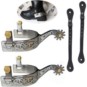 نتوءات كاوبوي غربية مقاومة للصدأ، مقترنة بحزام محفزات بفتحات من جلد البقر، لوحة مزخرفة من الفضة الألمانية مع تروس وإبزيم غطاء نحاسي، MP1229-02 in Kuwait