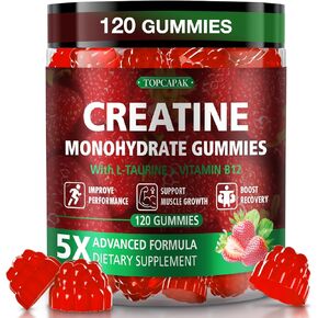 علكات الكرياتين للرجال والنساء - علكات الكرياتين أحادية الهيدرات القابلة للمضغ مع التورين وفيتامين ب12، 5 جرام كرياتين لكل حصة، نباتية، نكهة الفراولة، 120 قطعة in Kuwait
